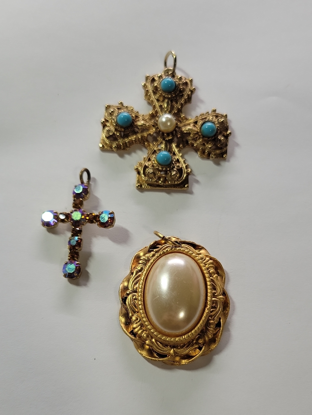 Gold-Tone Cross and Pearl Pendant Lot - Blue Turquoise Accents